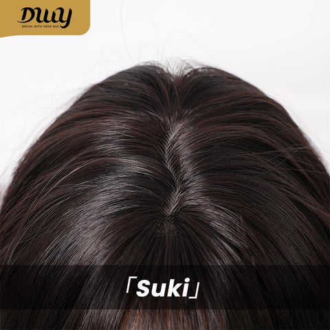 Suki-DWY 12-Inch Glueless Synthetic Wig - Short Reverse Bob with Blunt Bangs in Dark Brown