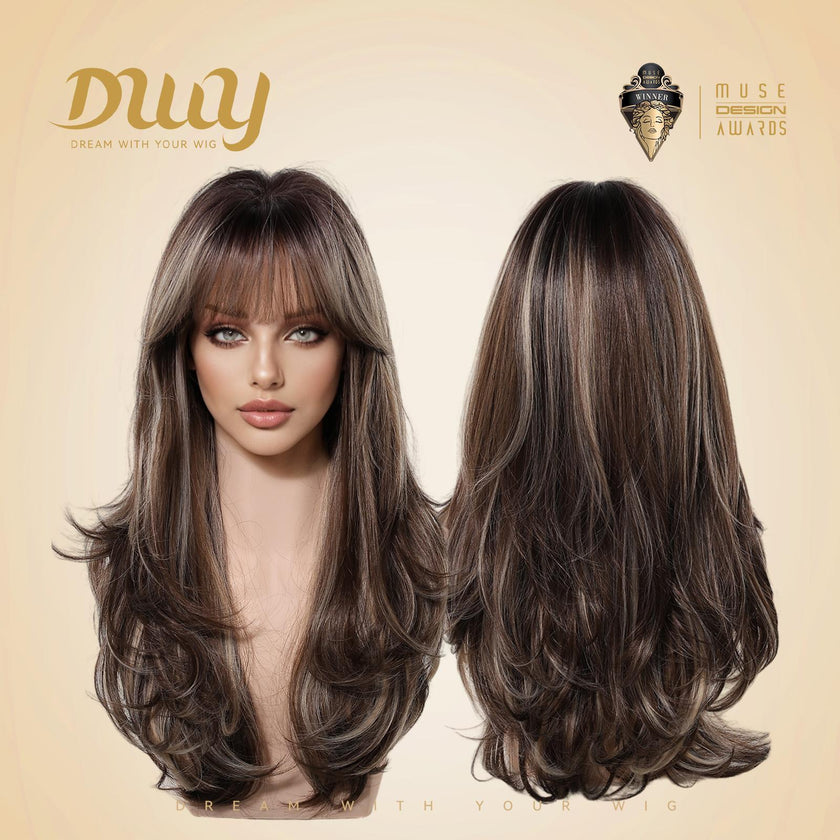 Front and back views of a mannequin head showcasing the DWY long layered brown and blonde synthetic wig with bangs, presented against a light beige background.