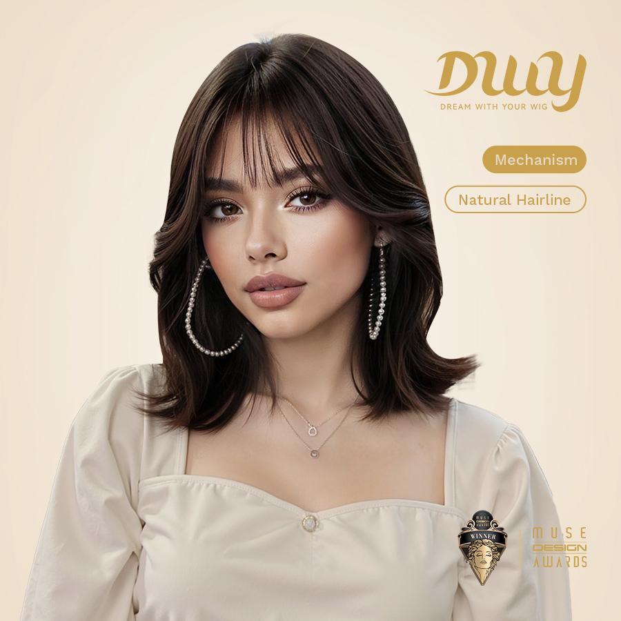 Suki-DWY 12-Inch Glueless Synthetic Wig - Short Reverse Bob with Blunt Bangs in Dark Brown