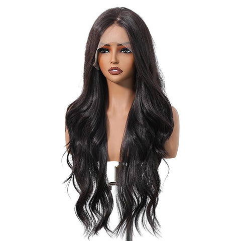 Espresso-DWY 28-Inch Lace Front Wig: Wavy Dark Brown with Highlights - Glueless Free Part Style