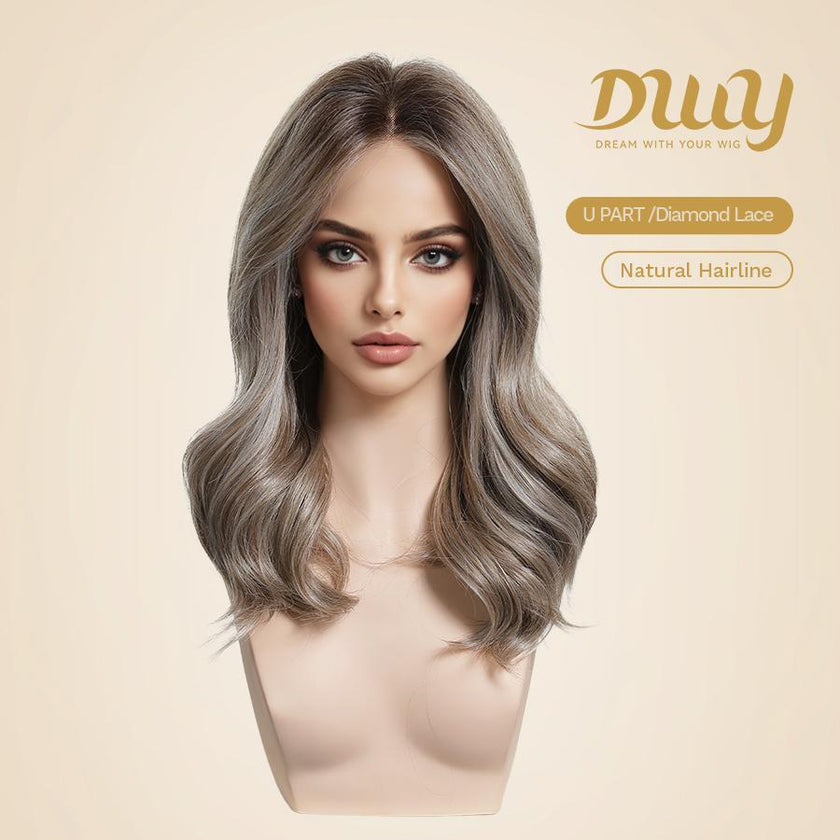 Paula-DWY Pre-cut U part Diamond Lace Mid-length Ash Beige Blonde Highlights Scandi Hairline Wave Hair Glueless Synthetic Wigs for Women 18 Inches