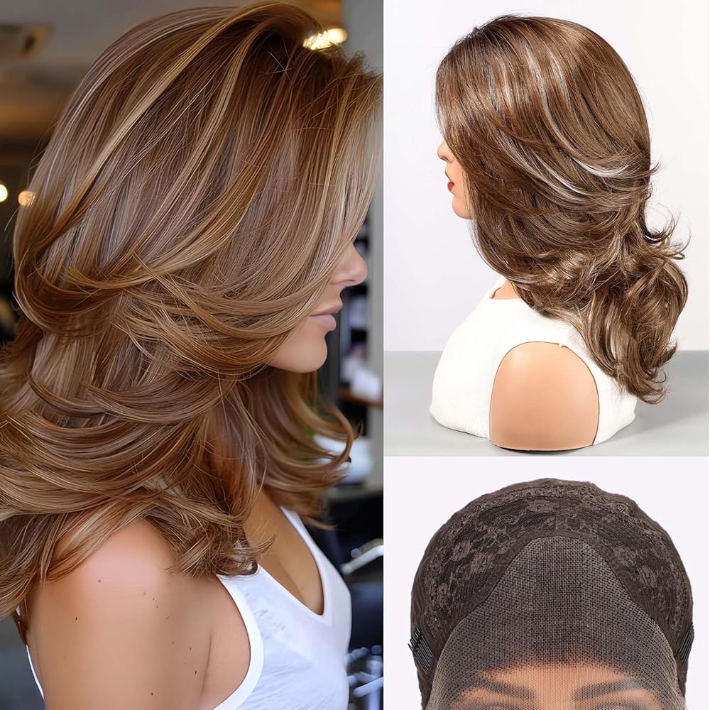 Myra-DWY 13×3  Lace Front Free Part Mid-Length Curly Brown wtih Highlights