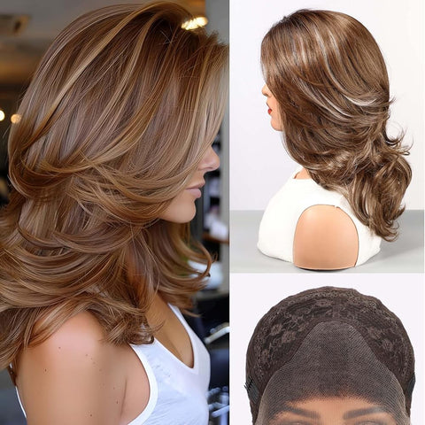 Myra-DWY 13×3  Lace Front Free Part Mid-Length Curly Brown wtih Highlights