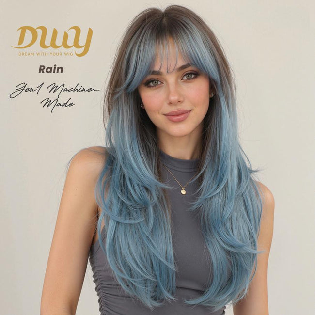 Rain-NEW! DWY Machine Made Denim Blue Long length Layer-cut Hairstyle Glueless Synthetic Wig Costume Wigsfor Women 24 Inches Glueless Wigs Halloween Wigs