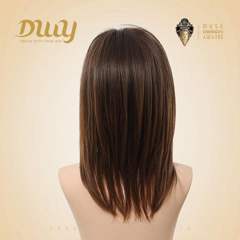 【New in】Lyla- 16-Inch Mid-Length Straight Brown Layered Wig with Air Bangs - Glueless Synthetic Hair