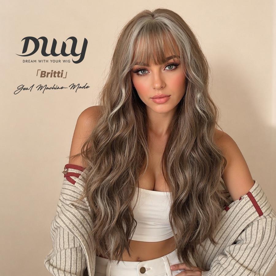 Britti -DWY Long-length Wavy Linen Brown Glueless Synthetic Wig for Women 28 Inches Platinum Blonde Wigs