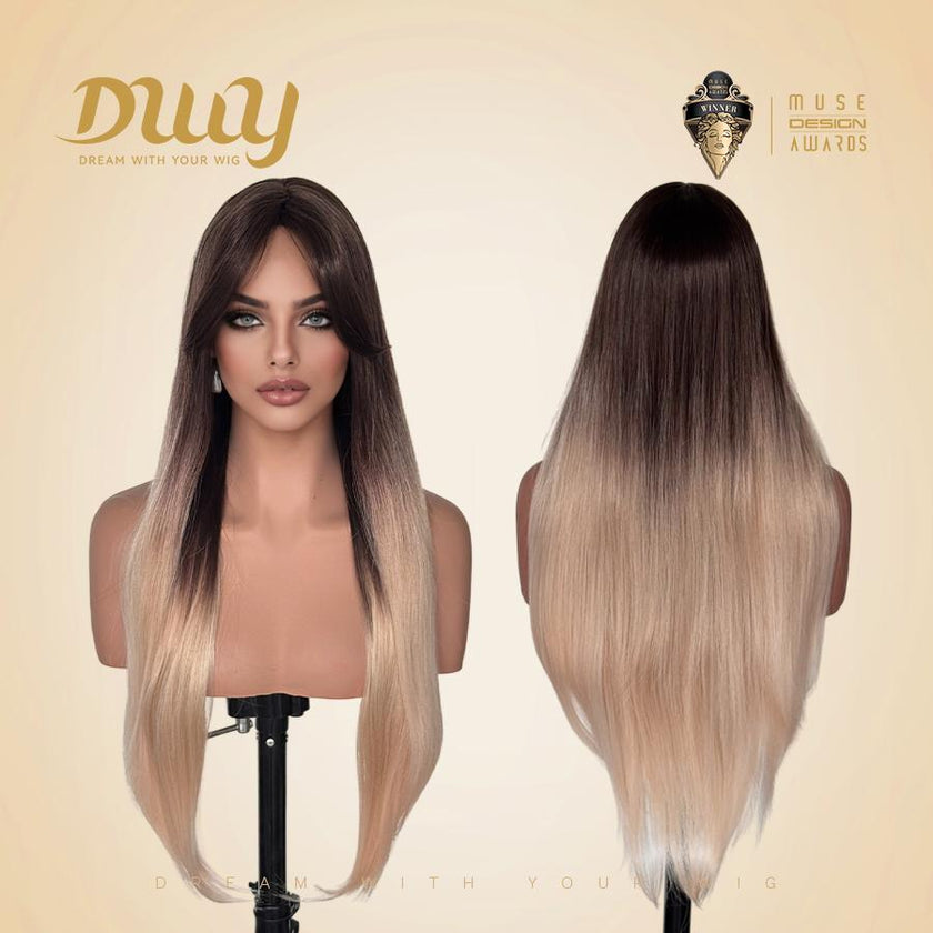 【CLEARANCE SALE】Jlo-DWY Machine Made Long length Straight Platinum Blonde Ombre Hairstyle Glueless Synthetic Wig for Women 28 Inches Silky Straight Wig, Glueless Wigs