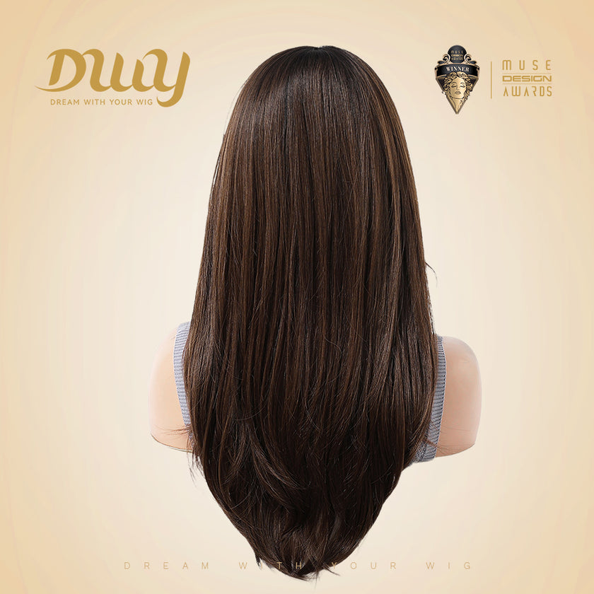 Tilly - DWY 13x6 Filter Lace Front Free Part Medium-Length Wavy Brown Black Wig with Dark Roots