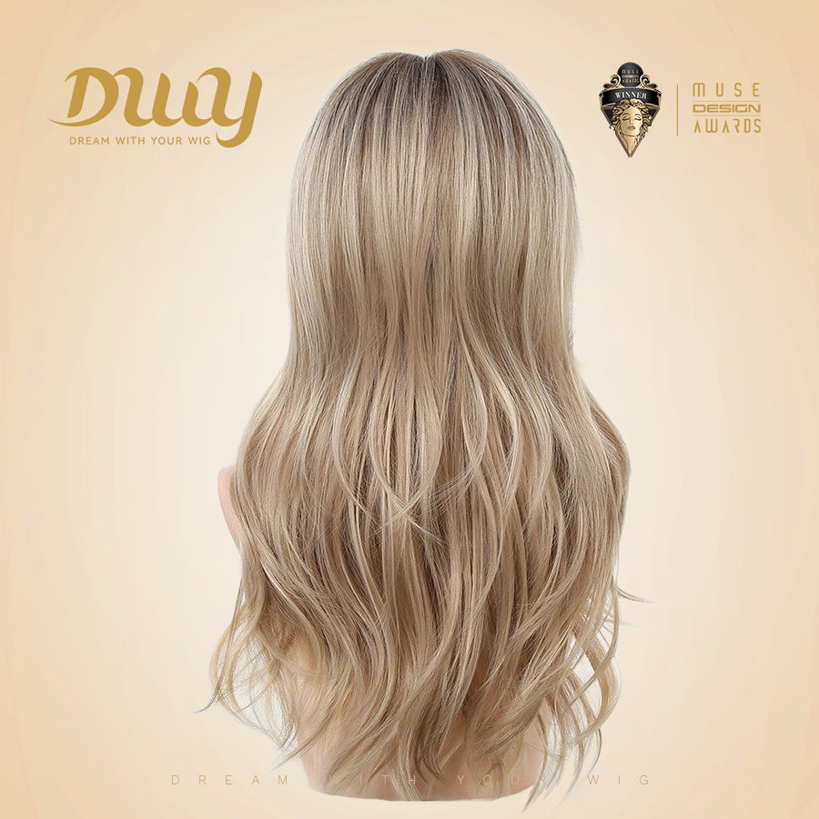 Cybil-DWY Machine Made Mid-length Wave  Bolonde With Dark Roots Glueless Synthetic Wig With Bangs For Women  22 Inches