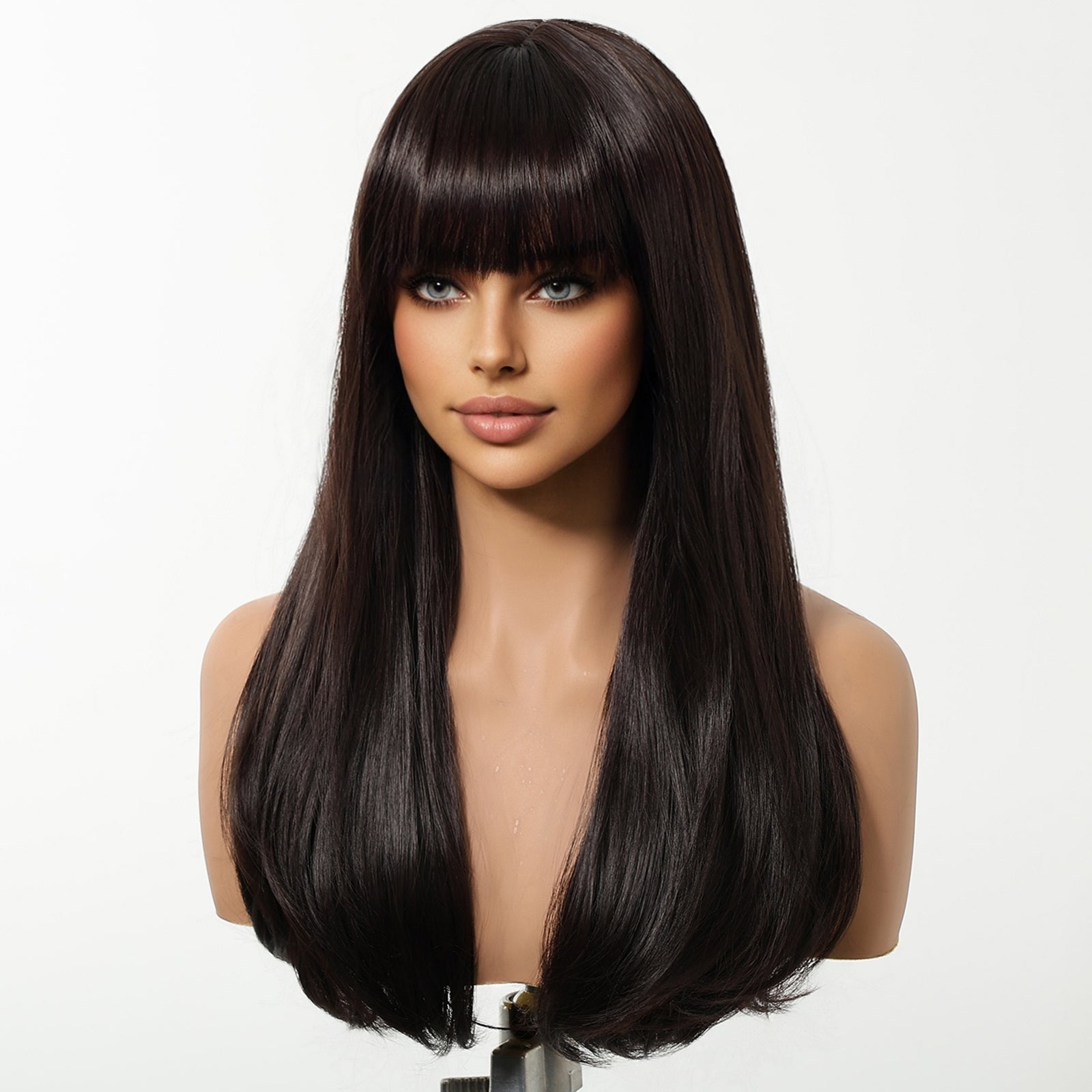 Maribel-DWY Machine Made Mid-Length Curly Black Glueless Synthetic Wig with Bangs for Women 16 Inches