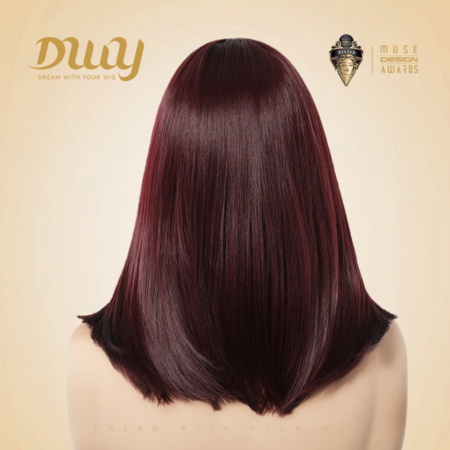 Lila-DWY Machine Made Mid-Length Straight Burgundy Glueless Synthetic Wig with Bangs for Women 14 Inches - Sleek & Modern Look