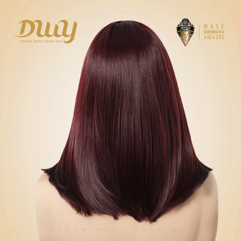Lila-DWY Machine Made Mid-Length Straight Burgundy Glueless Synthetic Wig with Bangs for Women 14 Inches - Sleek & Modern Look