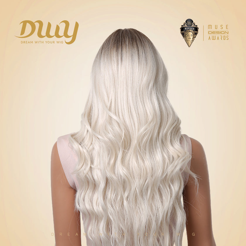 Cielo-DWY Ombre Snow Blonde Tresses Wavy Synthetic Wig With Bangs