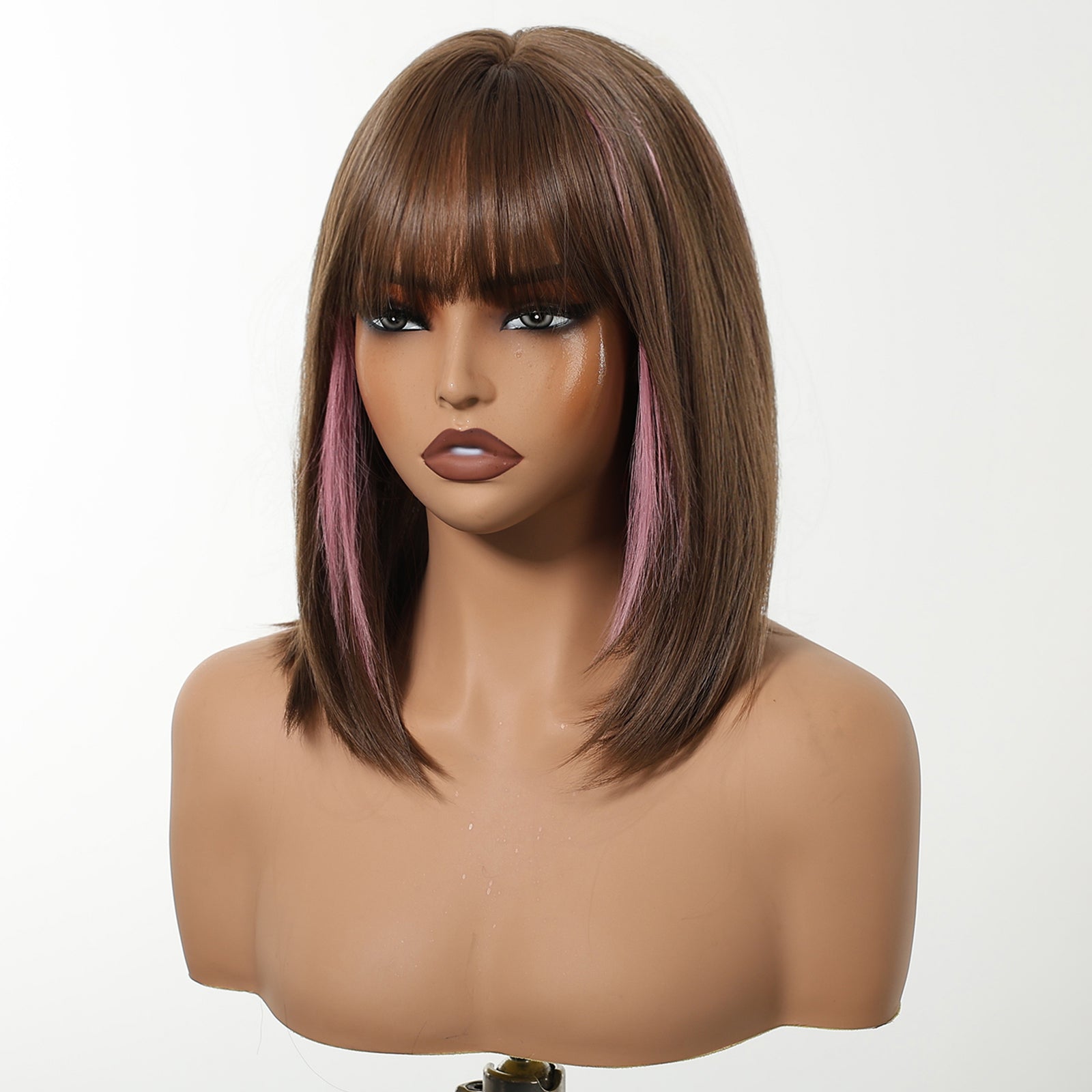 Bethany-DWY Machine Made Short Bob Straight Chestnut Brown with Pink Highlights Glueless Synthetic Wig for Women 12 Inches