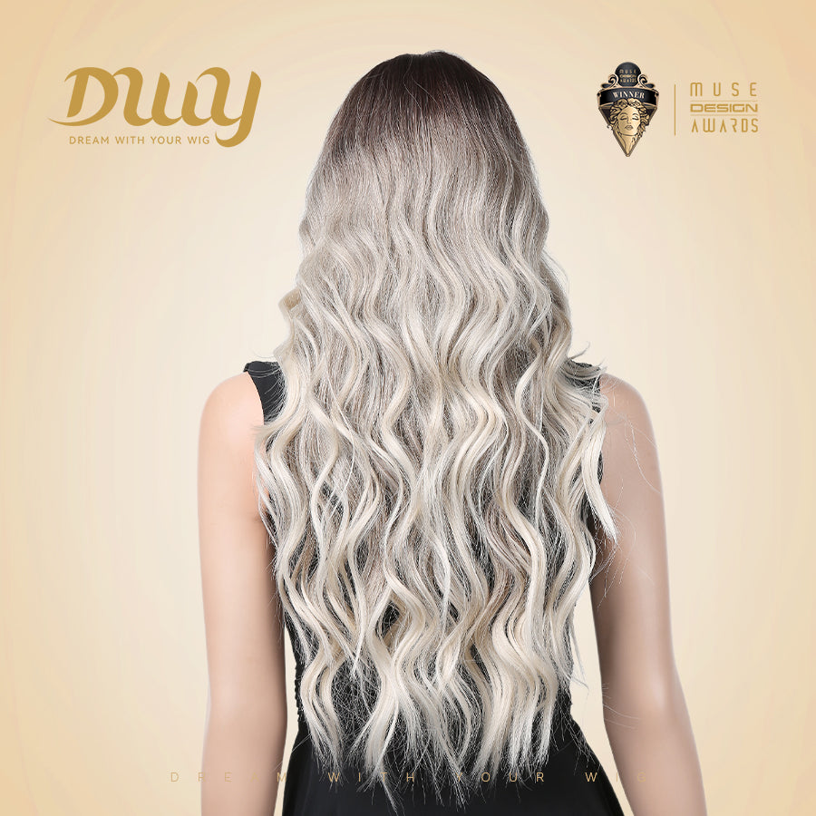 Vera-DWY Long Curly Rooted Gray Ivory Glueless Synthetic Wig