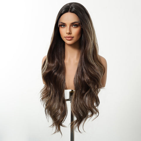 【Early Black Friday】Dwy Lace Front Natural Highlighted Brown Wavy Synthetic Wig