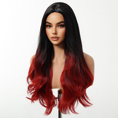 【Year End Sale】Dwy Jet Black & Red Mixed Synthetic Wig – Wavy Style