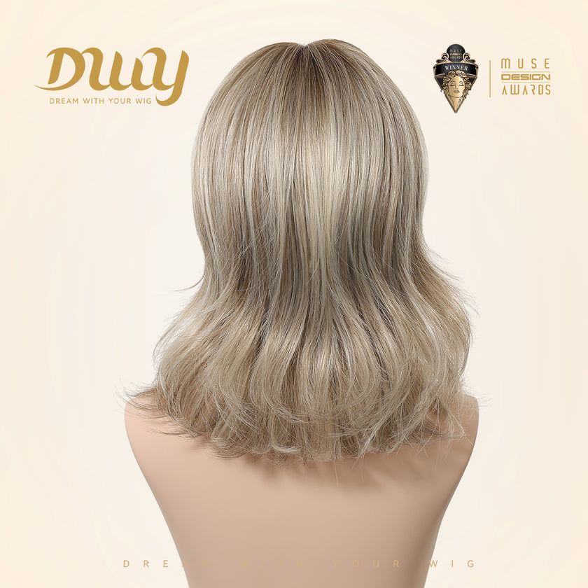 Rella C-DWY New Technology! Bionic Silk Top 12-Inch Layered Shoulder-Length Creamy Beige Blonde Glueless Synthetic Wig