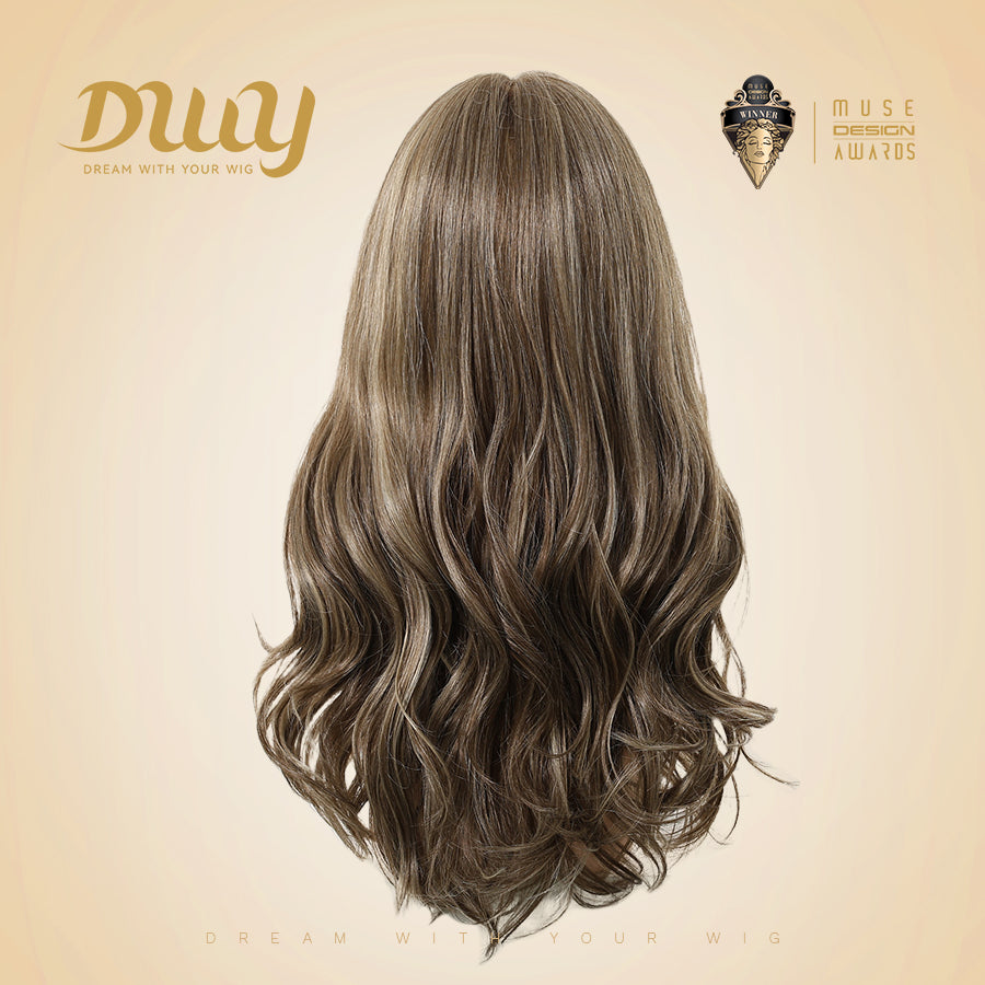 Skylar-DWY Mono Lace Front Free Part Long-Length Curly Brown with Highlights Glueless Synthetic Wig for Women 20 Inches