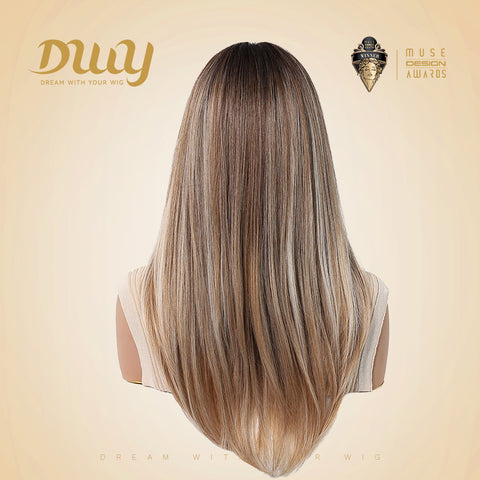 Bonia-DWY Long Curly Ombre Blonde With Bangs Dark Roots Glueless Synthetic Wig