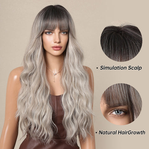 [Adr] DWY Long Wavy Wigs for Women Black Gradient Gray Wig 26 Inch Long Curly Ombre Wigs with Bangs and Dark Roots Synthetic Heat Resistant Fiber Wigs for Daily Party LC1111-3