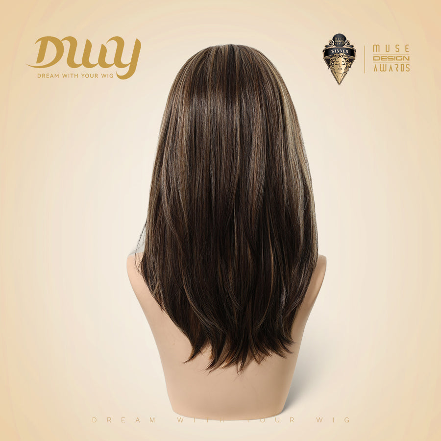 Fable-DWY 13×4 Lace Front Free Part Mid-Length Layer-cut Straight Brown with Highlights Glueless Synthetic Wig for Women 18 Inches