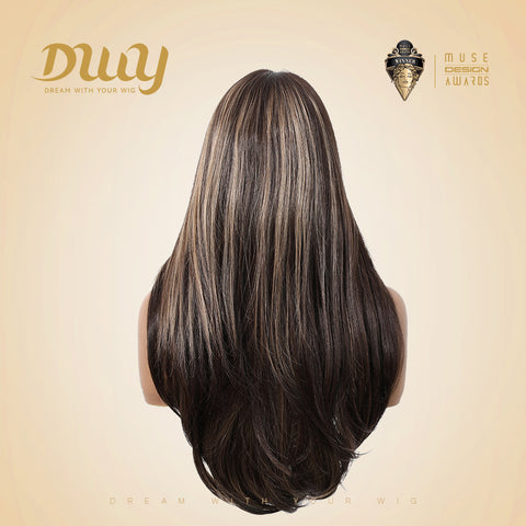 Chocolina-DWY Lace Front 13×6 Free Part Long Straight Brown With Blonde Highlights Synthetic Wig