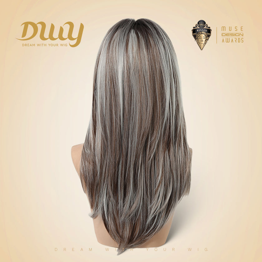 Elara-DWY 22 Inch Silver Grey Balayage Long Layered Wig with Air Bangs | Natural Synthetic Hair for Women | Daily Wear & Versatile Styling
