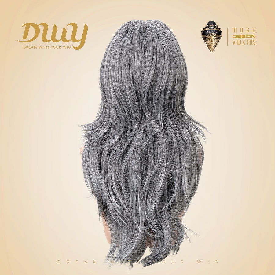 Darcy-DWY Machine Made Long-length Body Wave Grey with White Highlights Large Area Glueless Synthetic Wig for Women 24 Inches