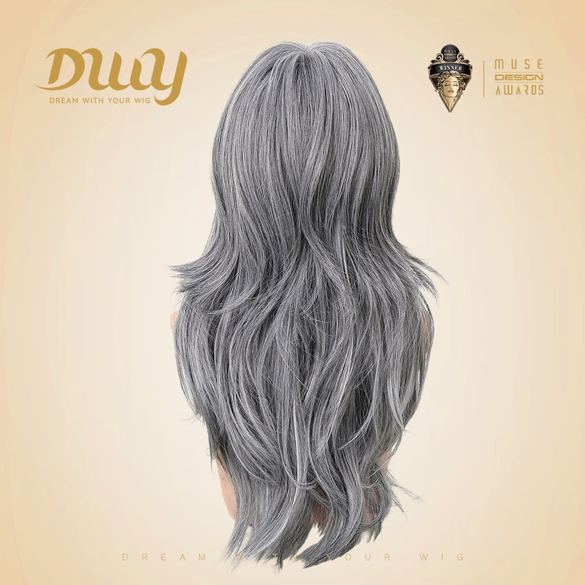 Darcy-DWY Machine Made Long-length Body Wave Grey with White Highlights Large Area Glueless Synthetic Wig for Women 24 Inches
