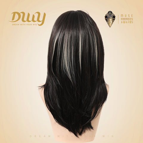 DWY Cressida-DWY Straight Layer-cut with White Highlights and Bangs Glueless Synthetic Wig