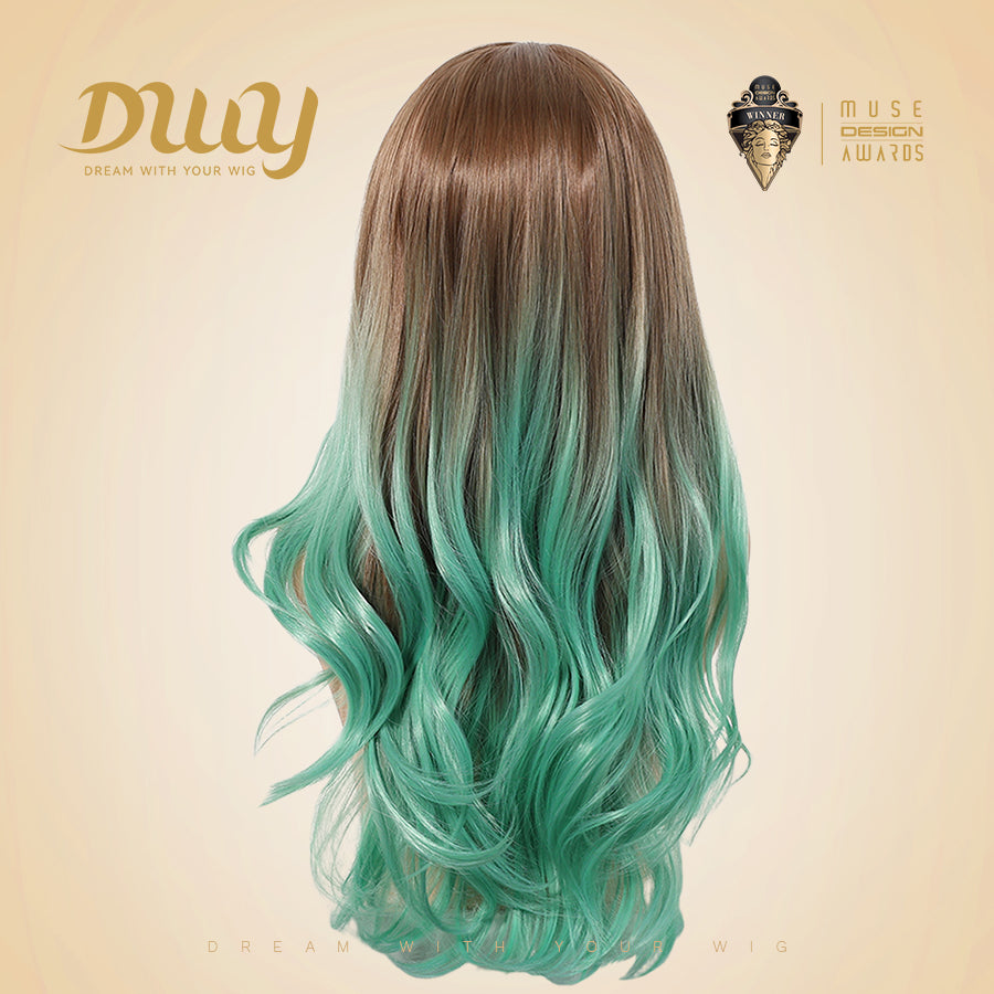 DWY Brown and Green Synthetic Wig with Free Parting