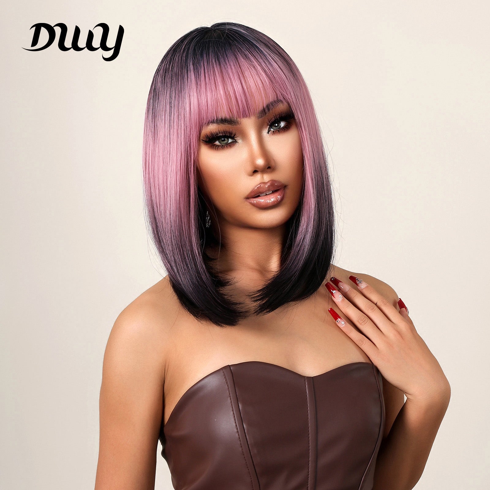 16 Inches Long Straight Pink Gradient Black Wigs with Bangs Synthetic Wigs Women's Wigs for Daily Use Party or Cosplay Taking Photos WL1121-1