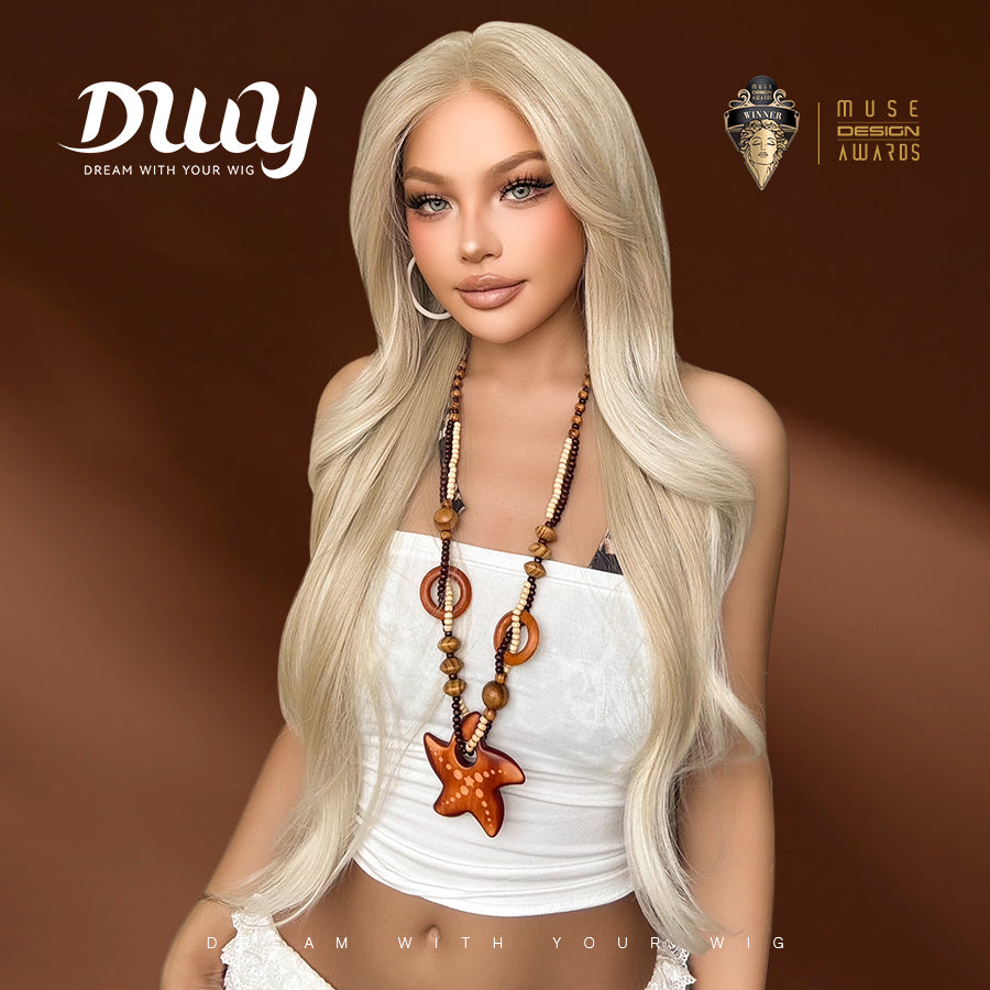 Lumi-DWY Lace Front 13×6 Platinum Blonde Wavy Free Part Synthetic Wig