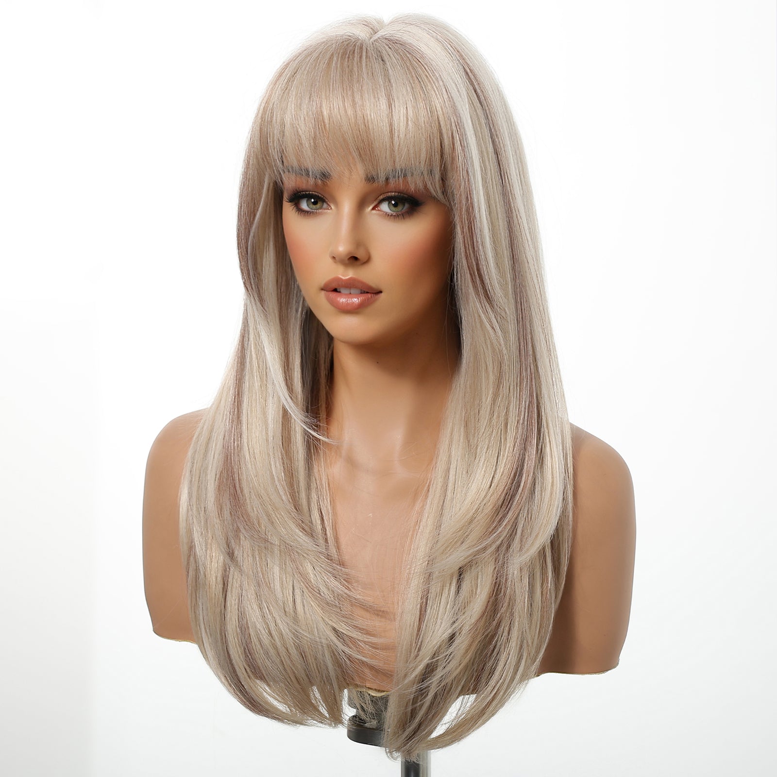 Tina- DWY NEWIN Long-length Layer-cut Straight with Air Bangs Linen Brown with Highlights Glueless Synthetic Wig