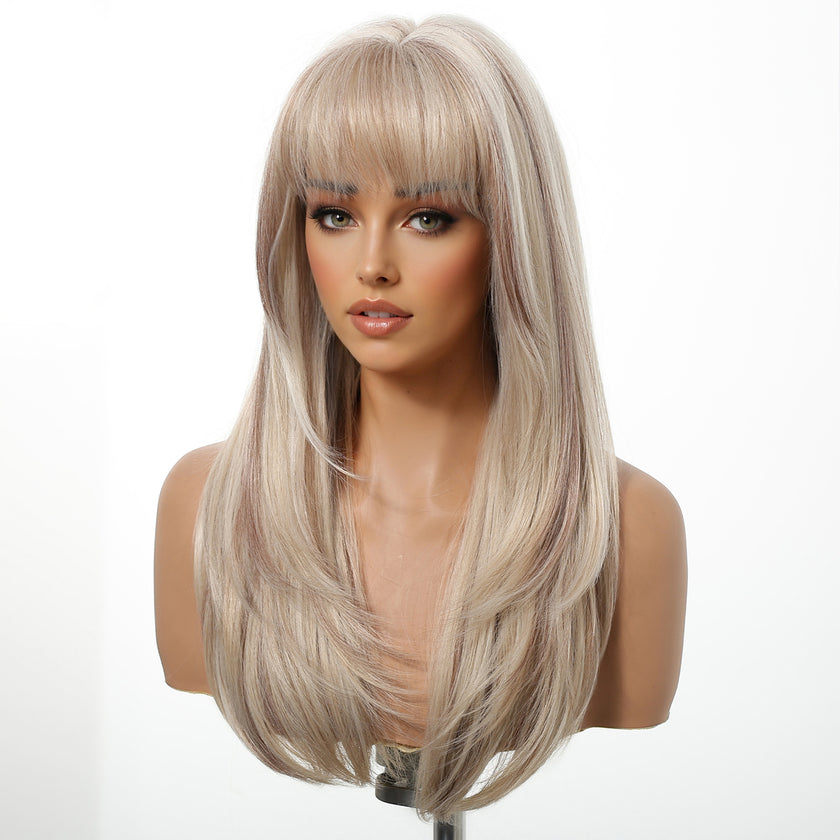Tina- DWY NEWIN Long-length Layer-cut Straight with Air Bangs Linen Brown with Highlights Glueless Synthetic Wig