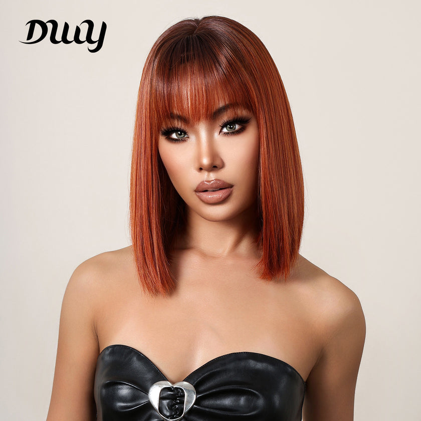 Olivia-DWY Rooted Orange Straight Synthetic Wigs With Bangs