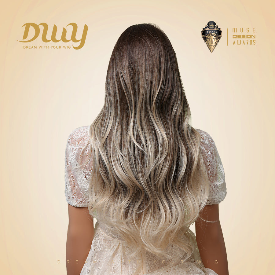 Josely-DWY Machine Made Long Wavy Hairstyle with Blunt Bangs Dark Brown to Light Blonde Ombre Glueless Synthetic Wig for Women 28 Inches