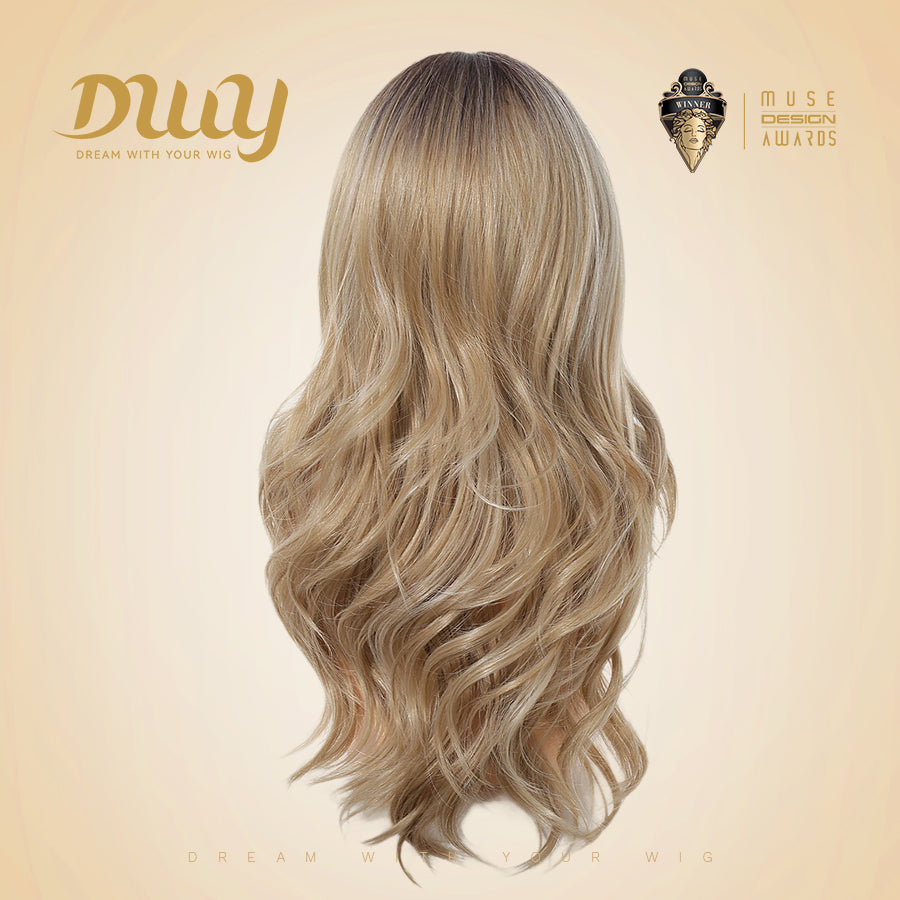 Barbara-DWY 13x4 Filter Lace Front Free Part Long-Length Wavy Blonde with Dark Roots Glueless Synthetic Wig