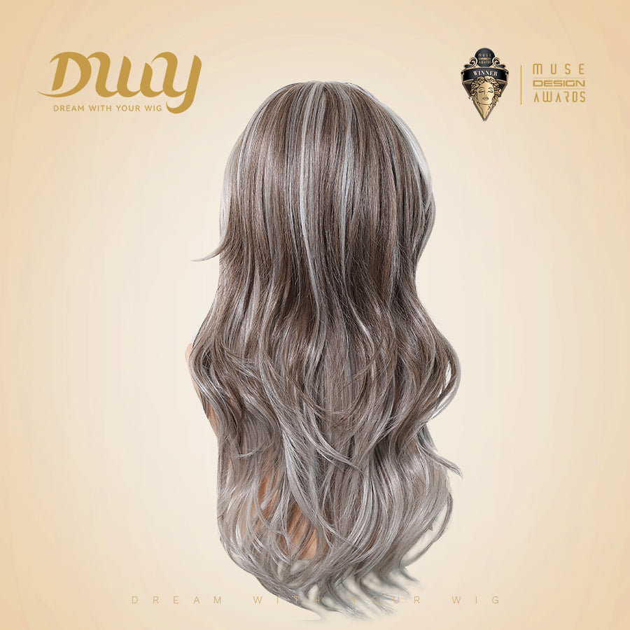 Ivy C- DWY 13×6 Lace Front Free Part Long-Length Wavy Ash Blonde Highlighted Glueless Synthetic Wig for Women 22 Inches