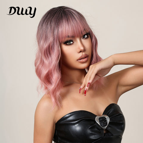 Ava-DWY Ombre Pink Curly Synthetic Wigs With Bangs