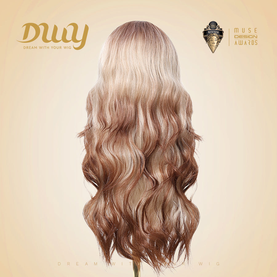 Kacey-DWY 28-Inch Long MiraScalp Wavy Ombre Blonde and Brown Wig with Bangs