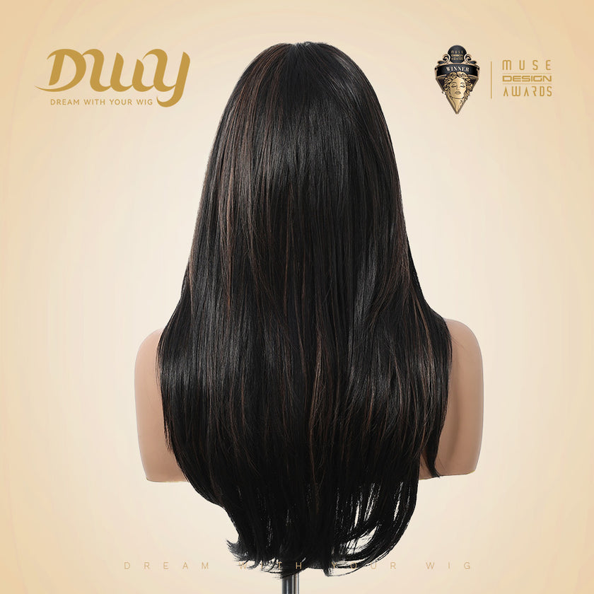 DWY 22-Inch Long Straight Black and Blonde Highlight Synthetic Wig with Bangs