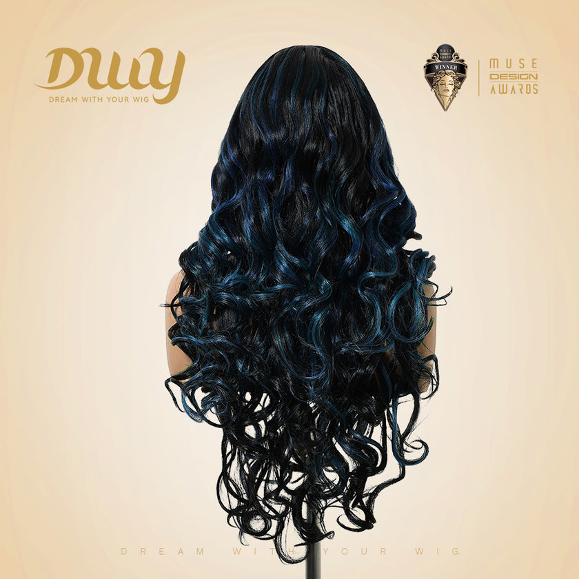 DWY 26-Inch Long Black Wavy Wig with Blue Highlights – Synthetic Heat-Resistant Curly Wig for Stylish Daily Wear and Parties HC11140-1