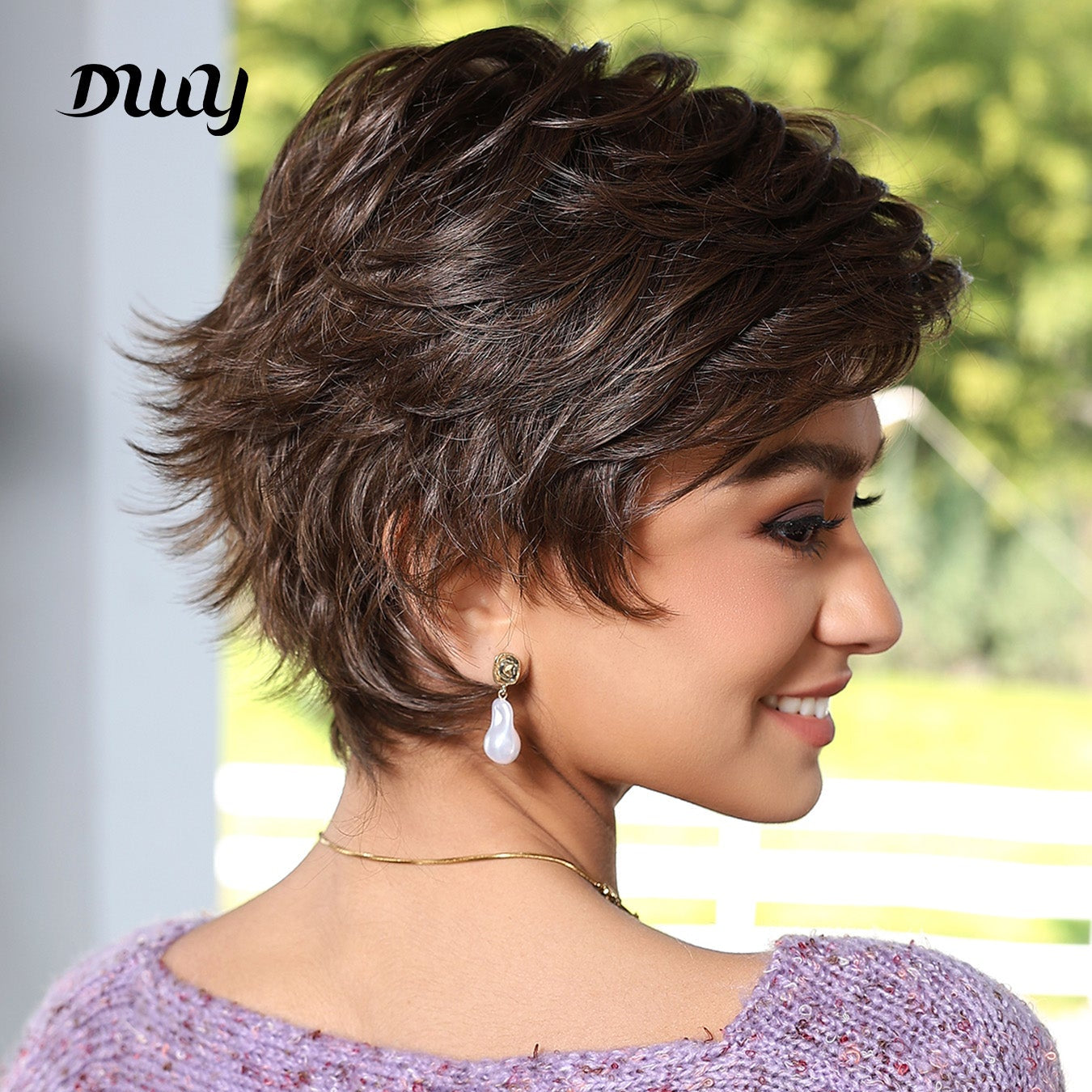 Kinsley-DWY Mono Lace Front Free Part Brown Short Pixie Synthetic Wig