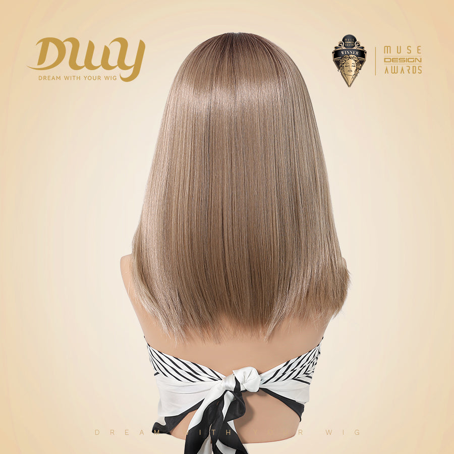 Ellie C-DWY 13×6 Lace Front Free Part Mid-Length Straight Rooted Ash Blonde Glueless Synthetic Wig for Women 16 Inches