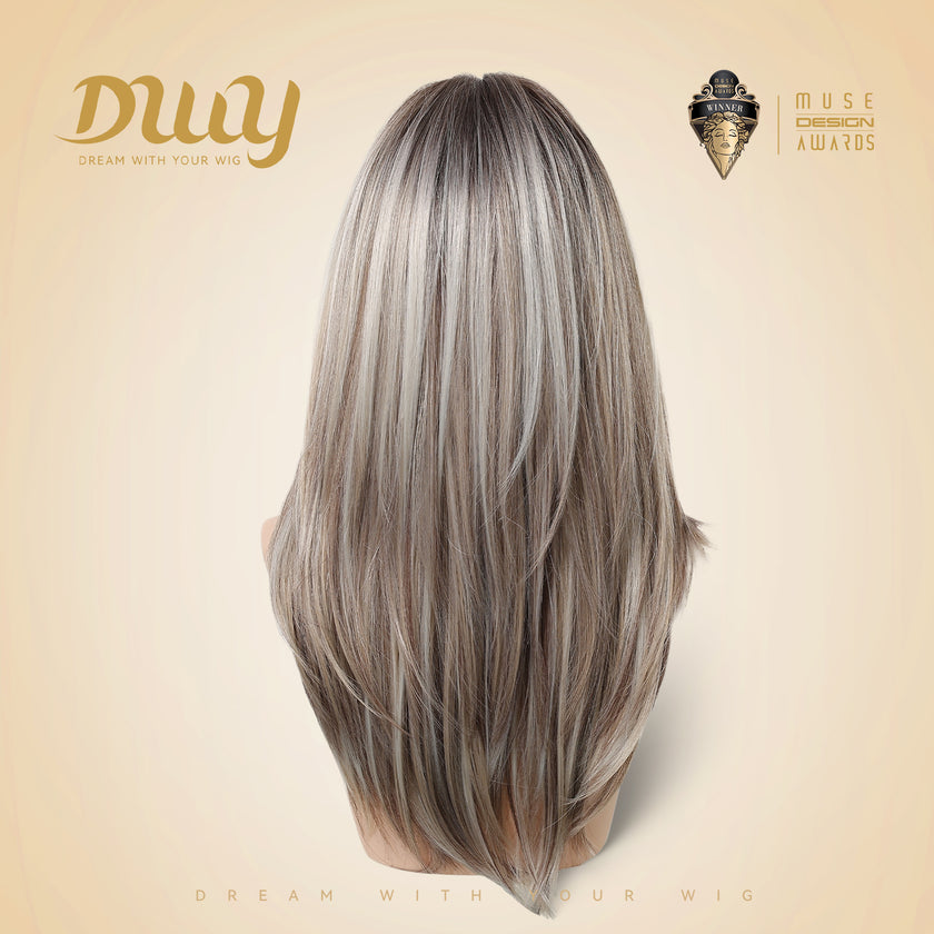 Jami - New! DWY Bionic Silk Top 22-Inch Long Layer cut Bronde Balayage Glueless Synthetic Wig with Bangs for Women High-Quality Premium Fiber Easy Wear Comfortable Fit Summer Looks