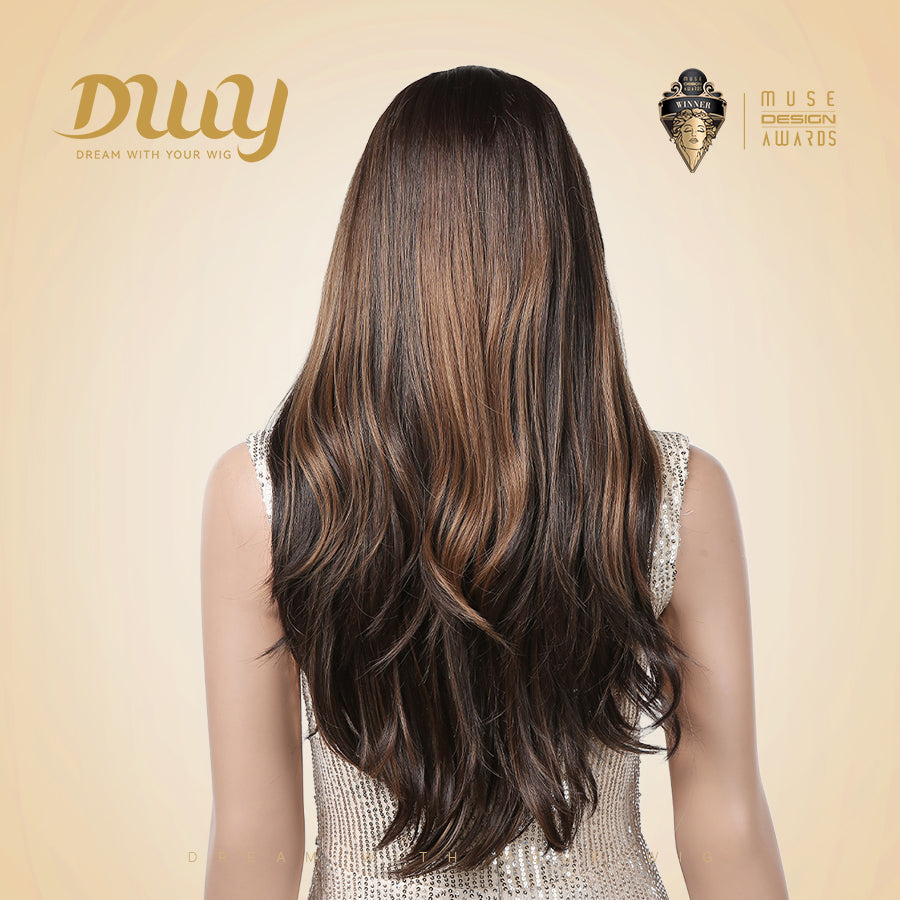 Arielle-DWY Lace Front Middle Part Long-Length Natural Wavy Dark Brown with Highlights Glueless Synthetic Wig