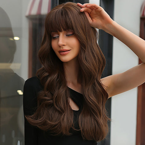 26 inch Long curly brown wigs with bangs wigs for women for daily life WL1071-1