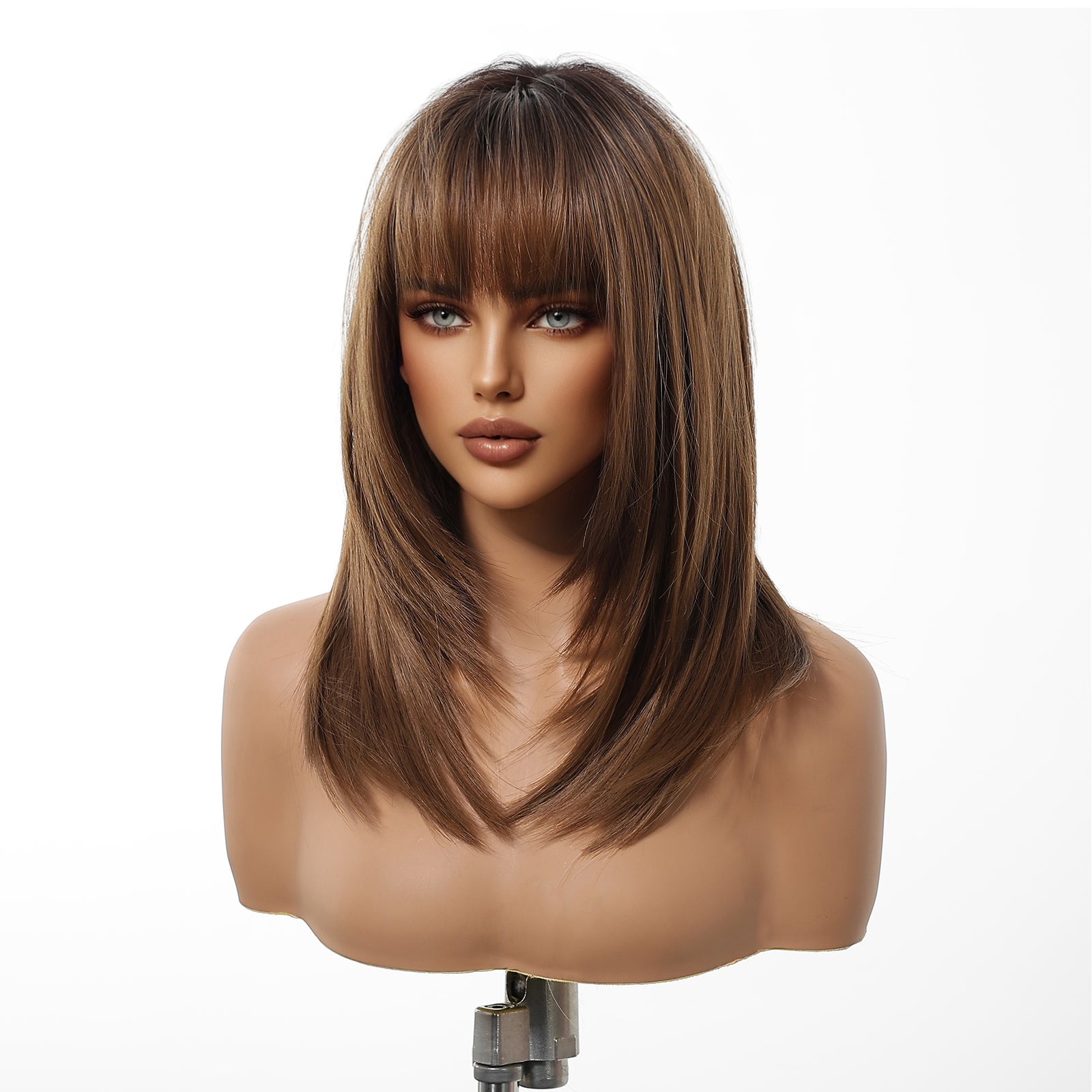 DWY Machine Made Mid-length Layered Hairstyle with Bangs Brown Glueless Synthetic Wig for Women 18 Inches